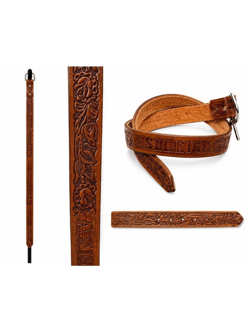 Hand Tooled Brown Leather Belt Western Rose Floral Marked "Ashleigh" Sz 34 - Picture 6 of 6